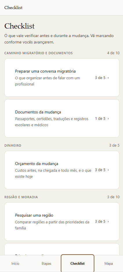 Checklist com pendências e próximas ações da mudança