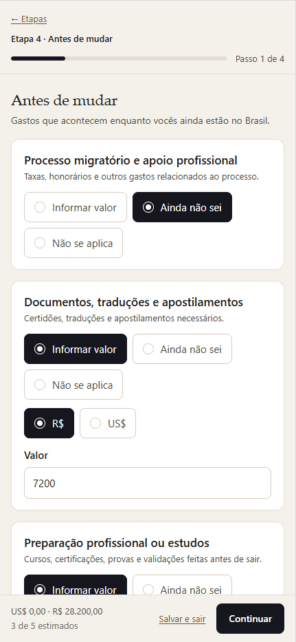 Etapa financeira do Mapa, com campos de valor em reais e dólares